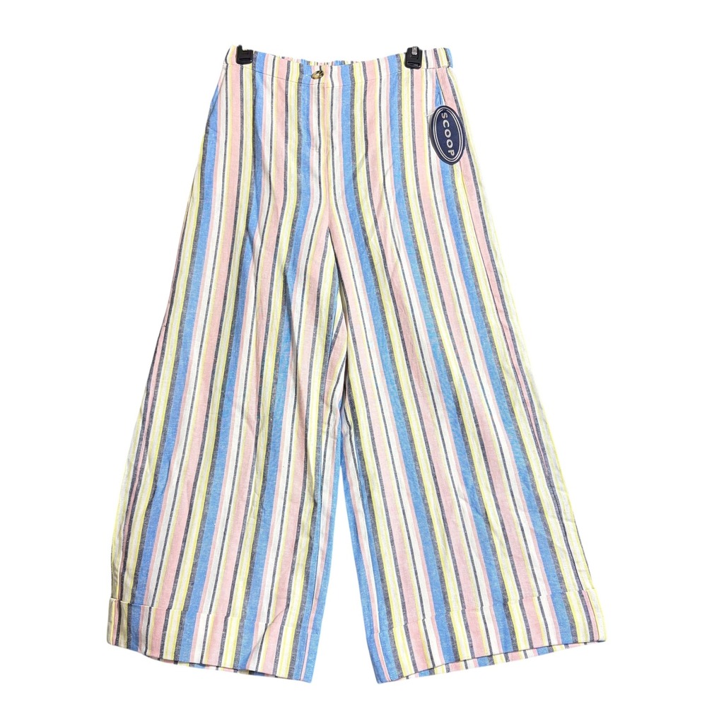 Scoop Women Blue Pink Yellow Striped Wide Leg Cuffed Linen Blend Pants Size 8